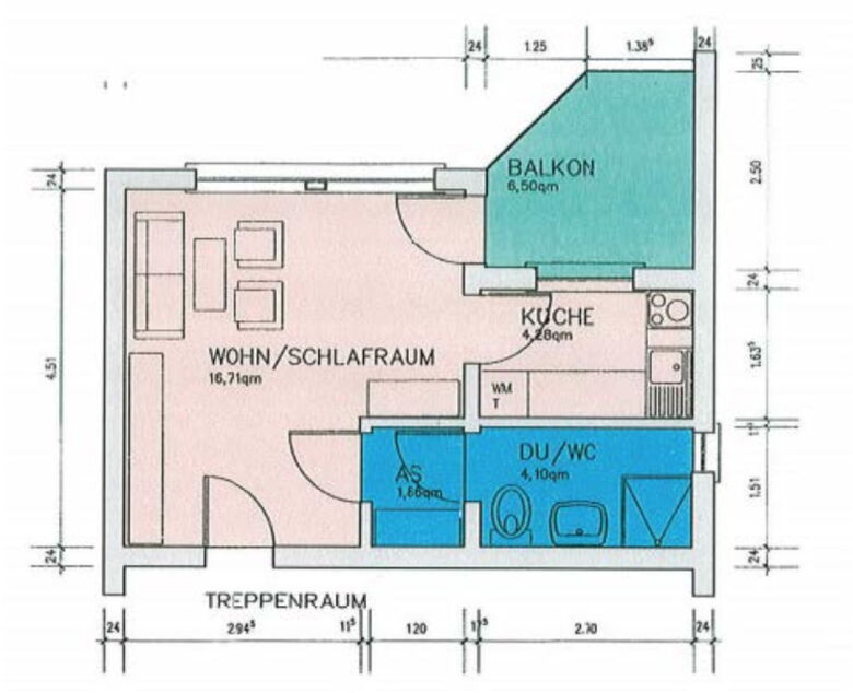 Detaillierter Grundriss einer barrierefreien Wohnung mit Wohn-/Schlafraum, Balkon, Küche und Duschbad.