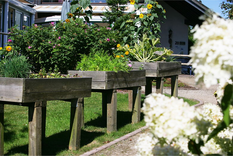 Nahaufnahme von hölzernen Hochbeeten in einem blühenden Gartenbereich der Seniorenresidenz Appenhagen.