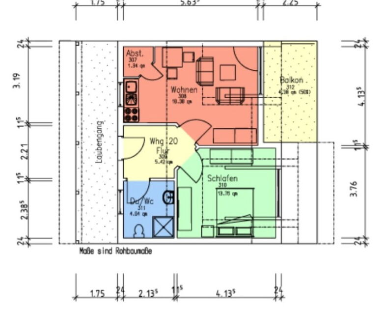 Grundriss einer barrierefreien Wohnung im Erdgeschoss mit Terrasse, Schlafraum und Wohnbereich.