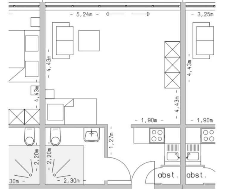 Detaillierte Grundrisszeichnungen barrierefreier Wohnungen mit Maßen für Wohnzimmer, Schlafzimmer, Küche und Bad.