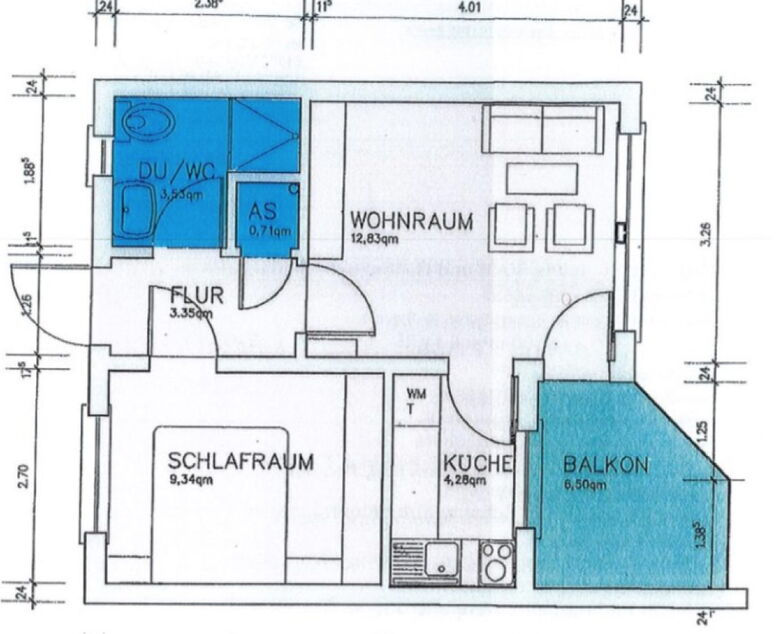 Grafische Darstellung des Wohnungsgrundrisses inklusive separatem Schlafzimmer, Wohnraum, Küche und Balkon.
